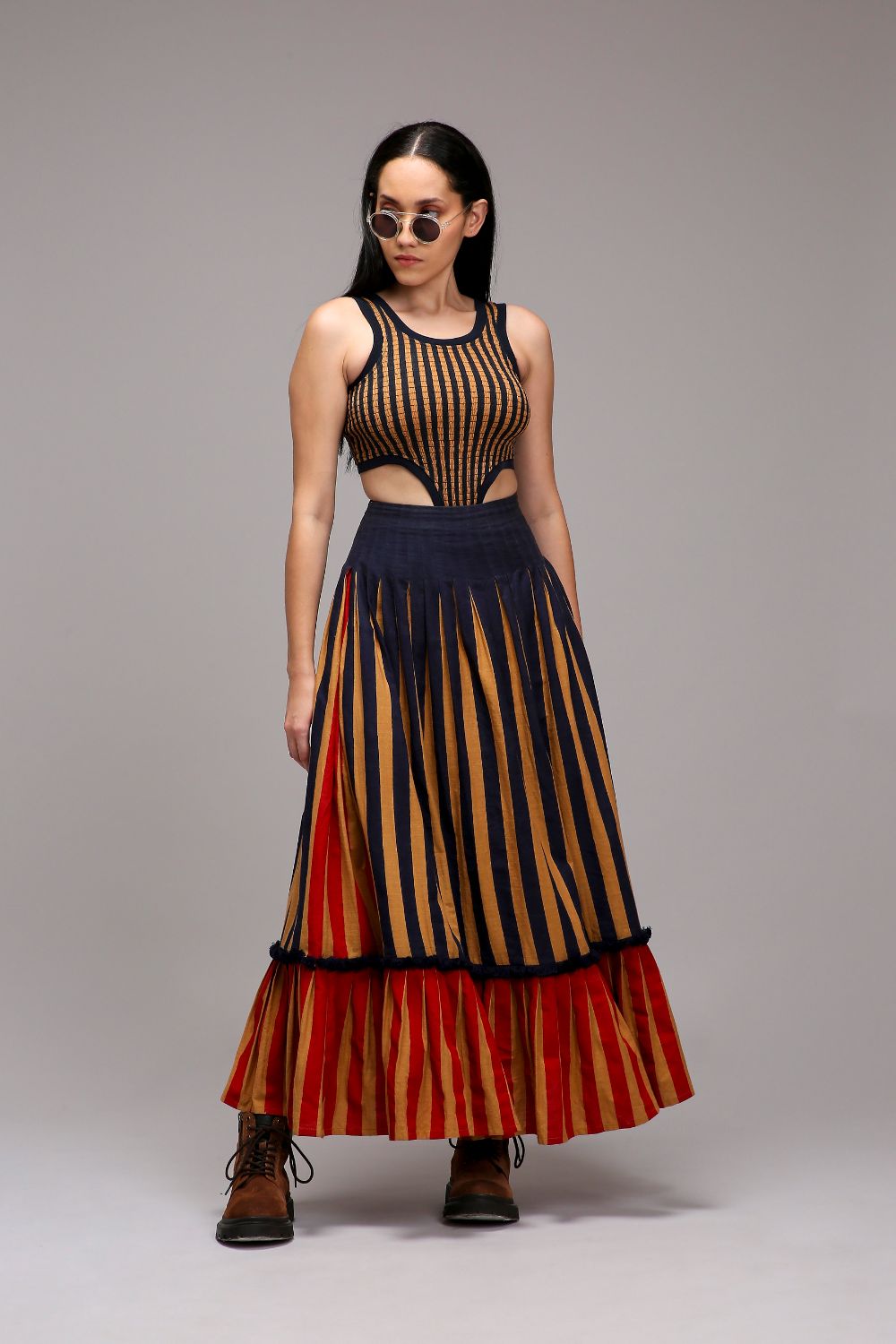 Tan-Brown Blue Striped Bodysuit