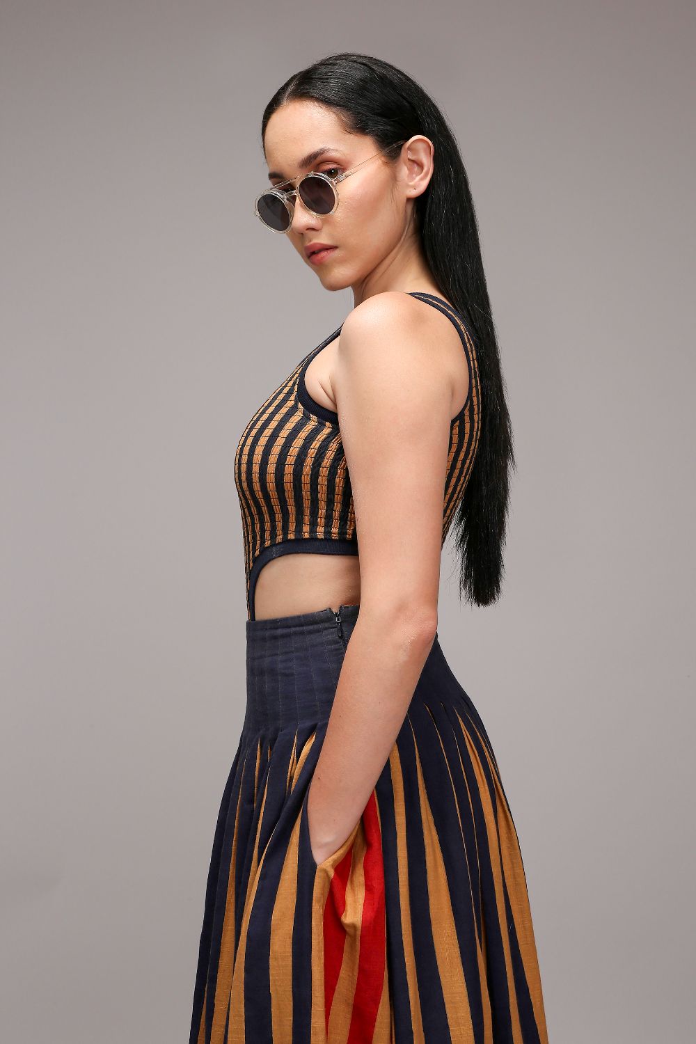 Tan-Brown Bodysuit Dual Striped Skirt Set (2 PCS)