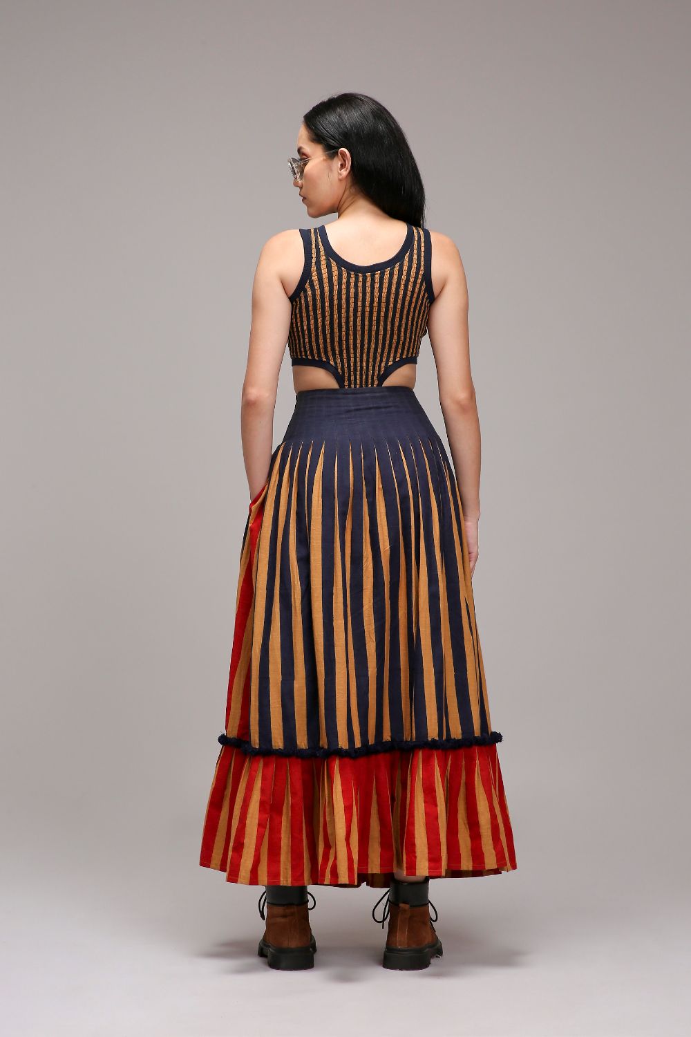 Tan-Brown Bodysuit Dual Striped Skirt Set (2 PCS)