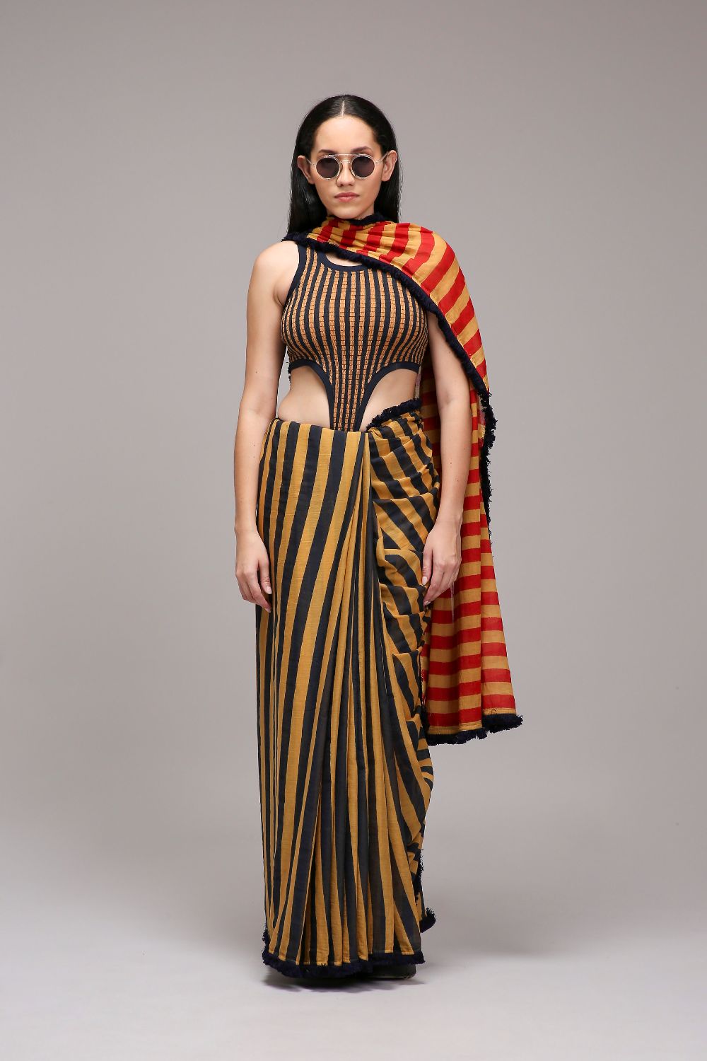 Tan-Brown Bodysuit & Dual Striped Saree Set (2 PCS)