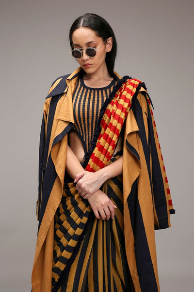 Tan-Brown Bodysuit with Trench & Dual Striped Saree Set (3 PCS)