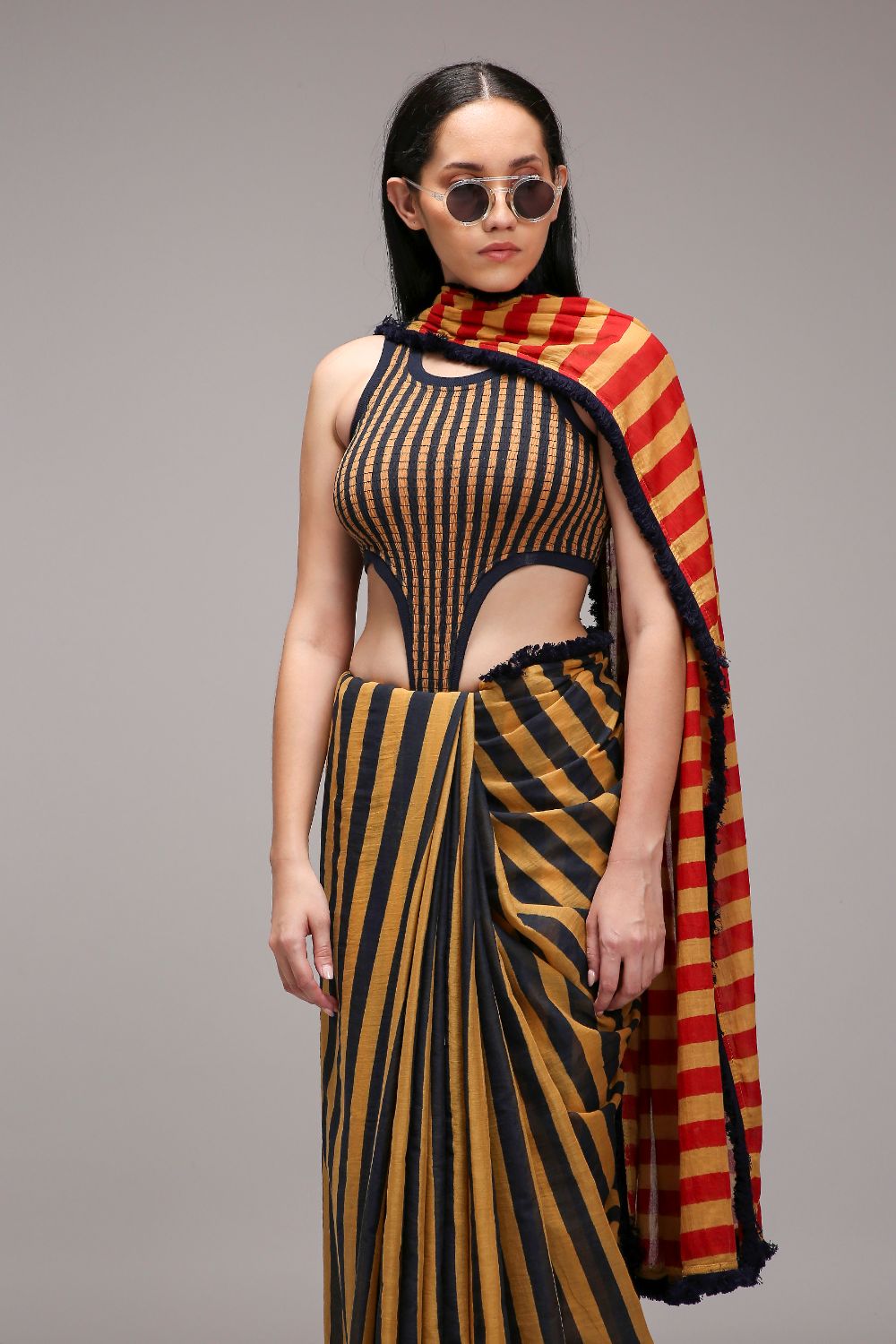 Tan-Brown Bodysuit with Trench & Dual Striped Saree Set (3 PCS)