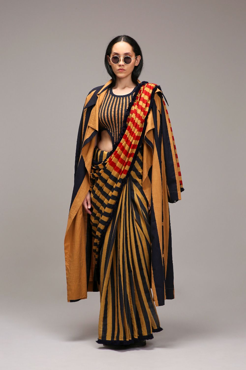 Tan-Brown Bodysuit with Trench & Dual Striped Saree Set (3 PCS)