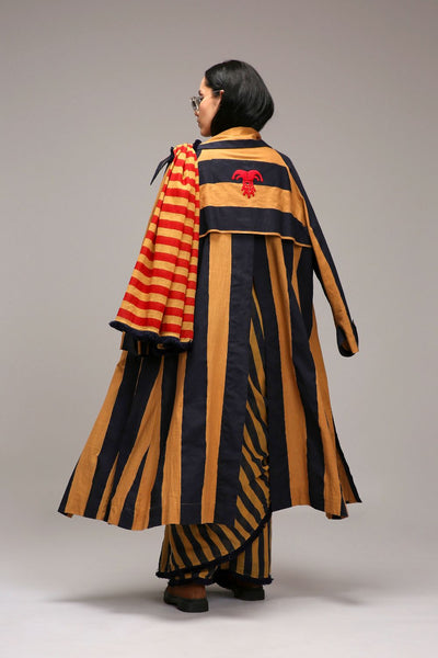 Tan-Brown Bodysuit with Trench & Dual Striped Saree Set (3 PCS)