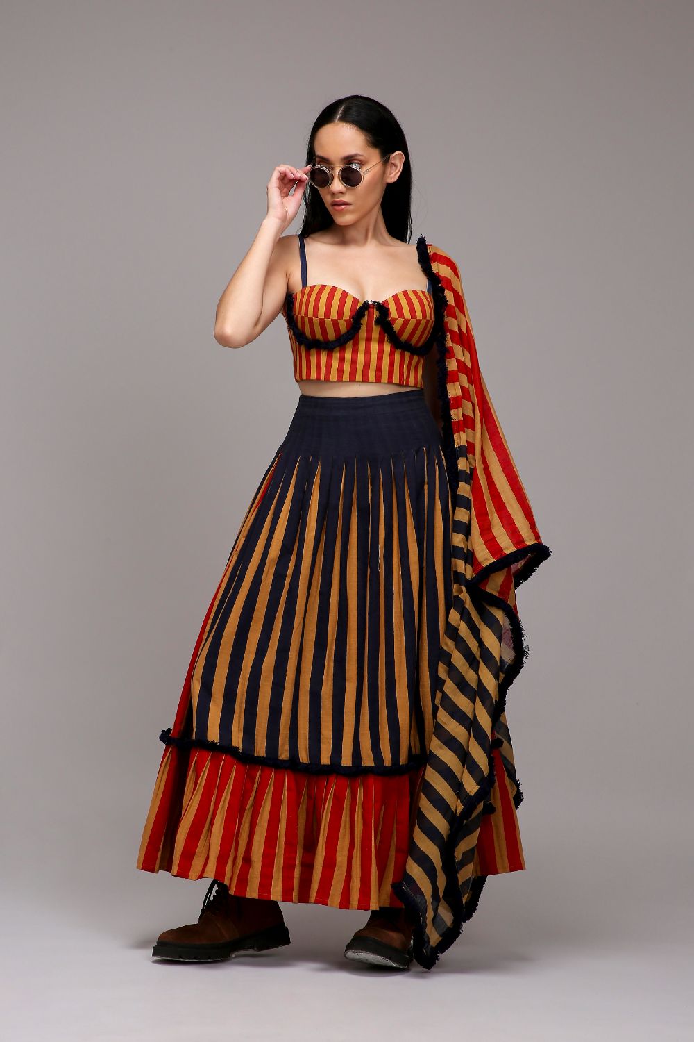 Tan-Brown Corset Dual Striped Stole Skirt Set (3 PCS)