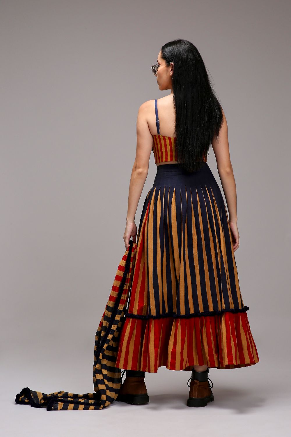 Tan-Brown Corset Dual Striped Stole Skirt Set (3 PCS)