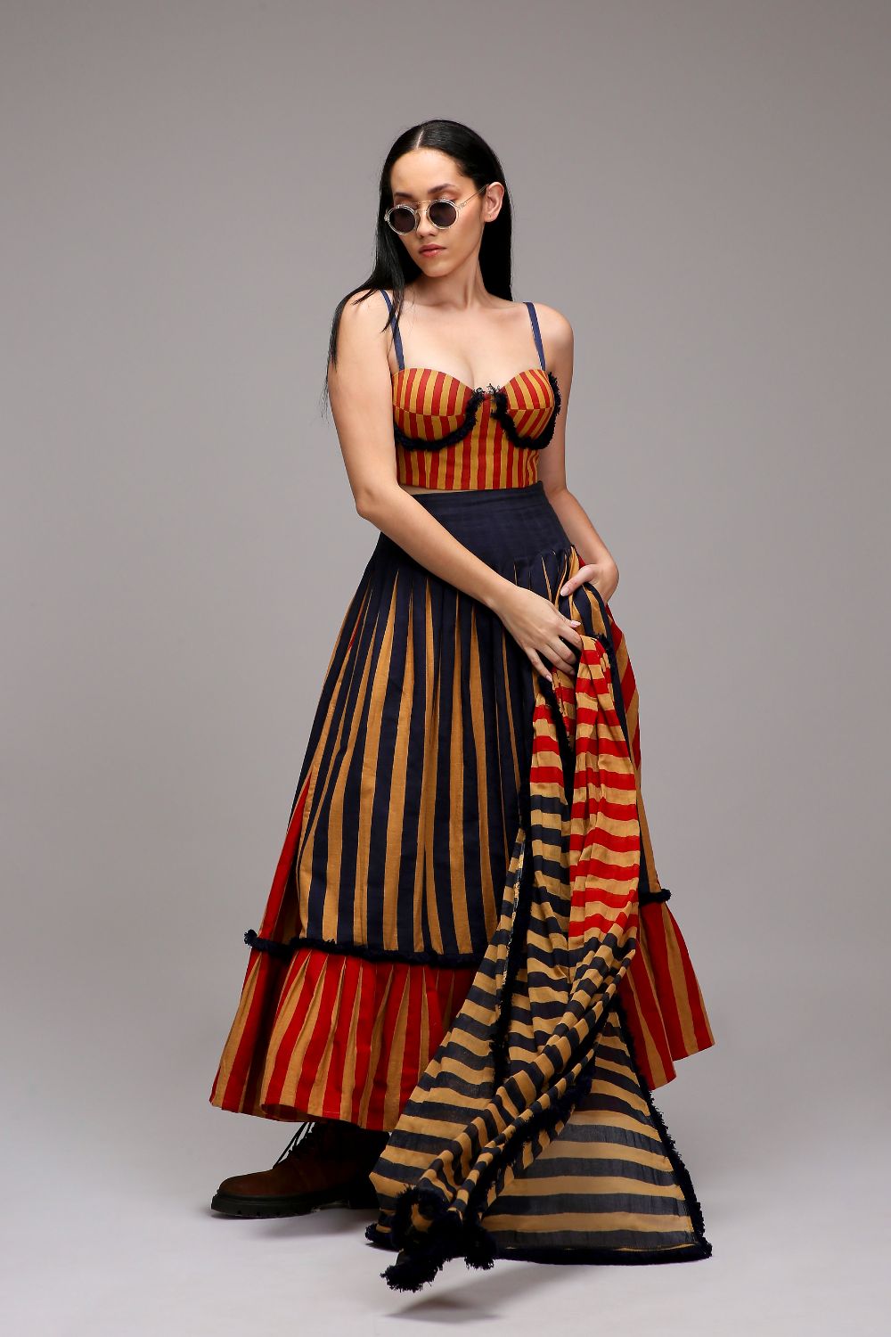 Tan-Brown Corset Dual Striped Stole Skirt Set (3 PCS)