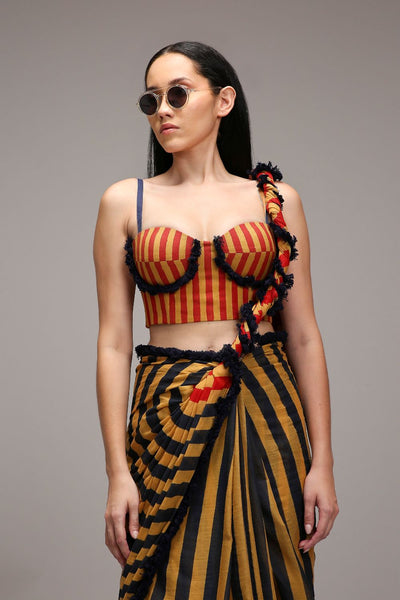 Tan-Brown Corset & Dual Striped Saree Set (2 PCS)