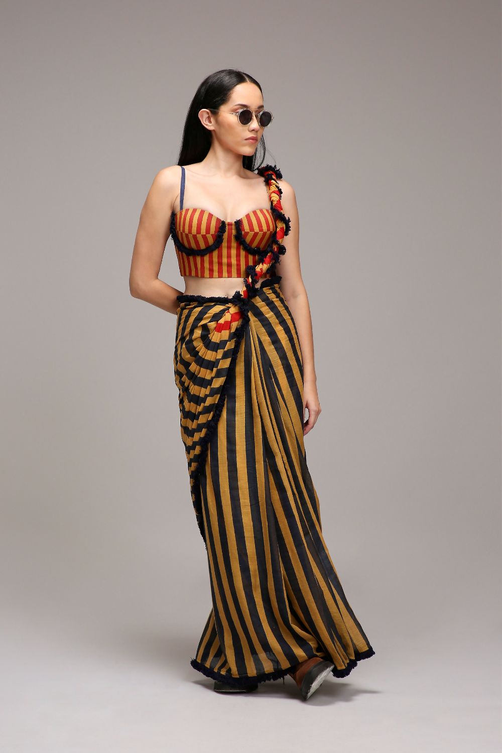 Tan-Brown Corset & Dual Striped Saree Set (2 PCS)
