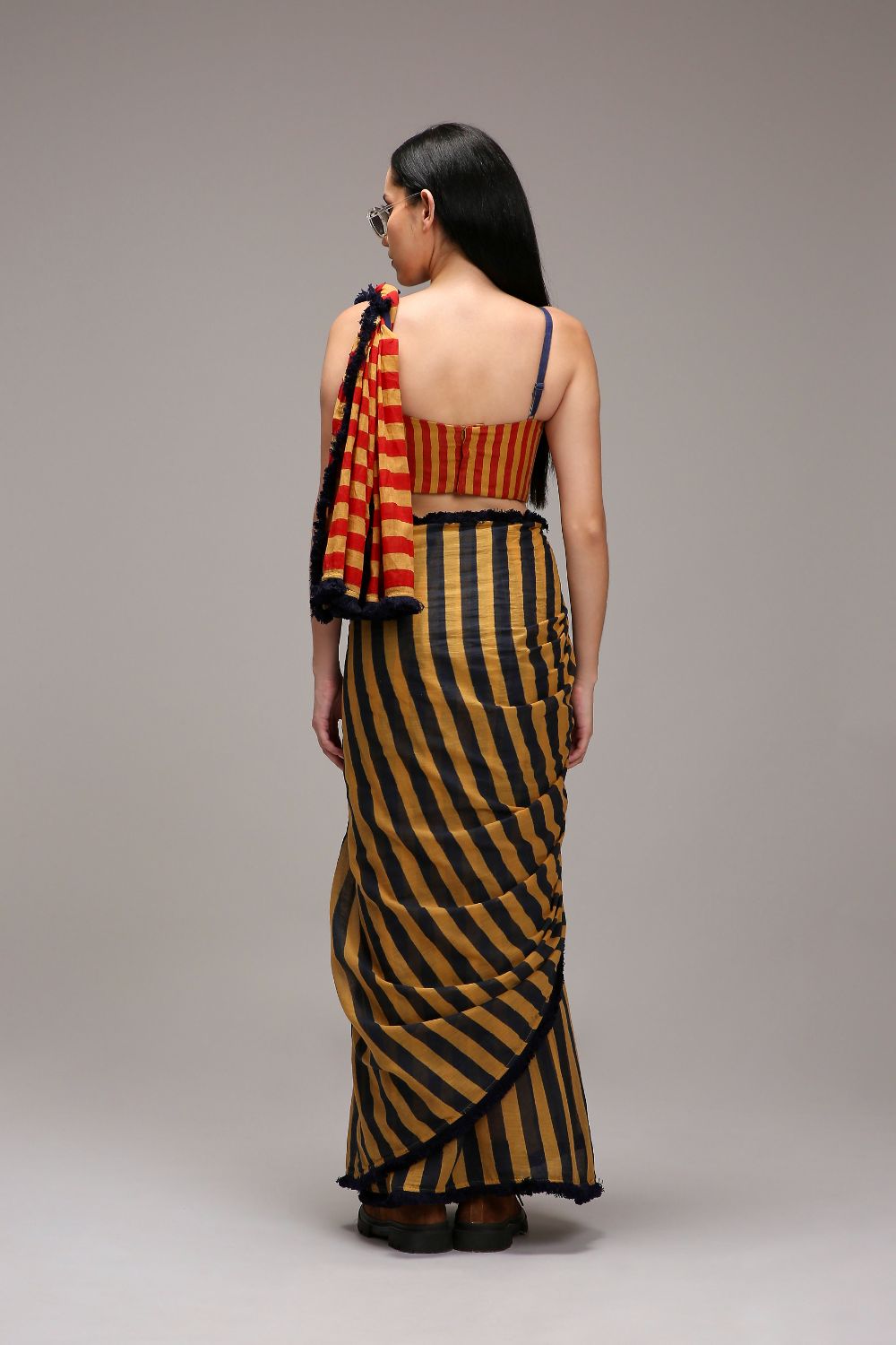 Tan-Brown Corset & Dual Striped Saree Set (2 PCS)