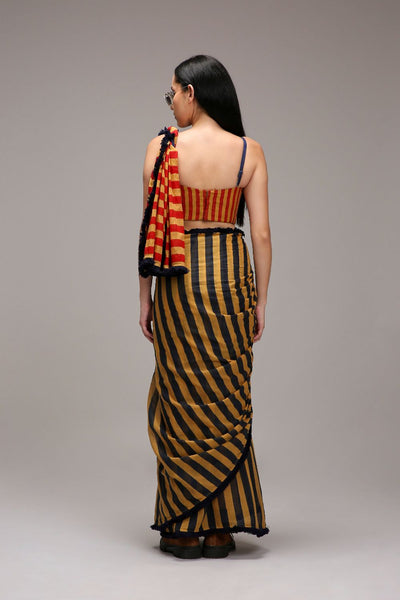 Tan-Brown Corset & Dual Striped Saree Set (2 PCS)