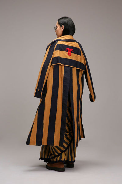 Tan-Brown Corset with Trench Jacket & Dual Striped Saree Set (3 PCS)