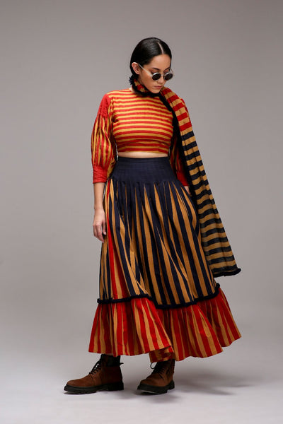Tan-Brown Crop Top Dual Striped Stole Skirt Set (3 PCS)