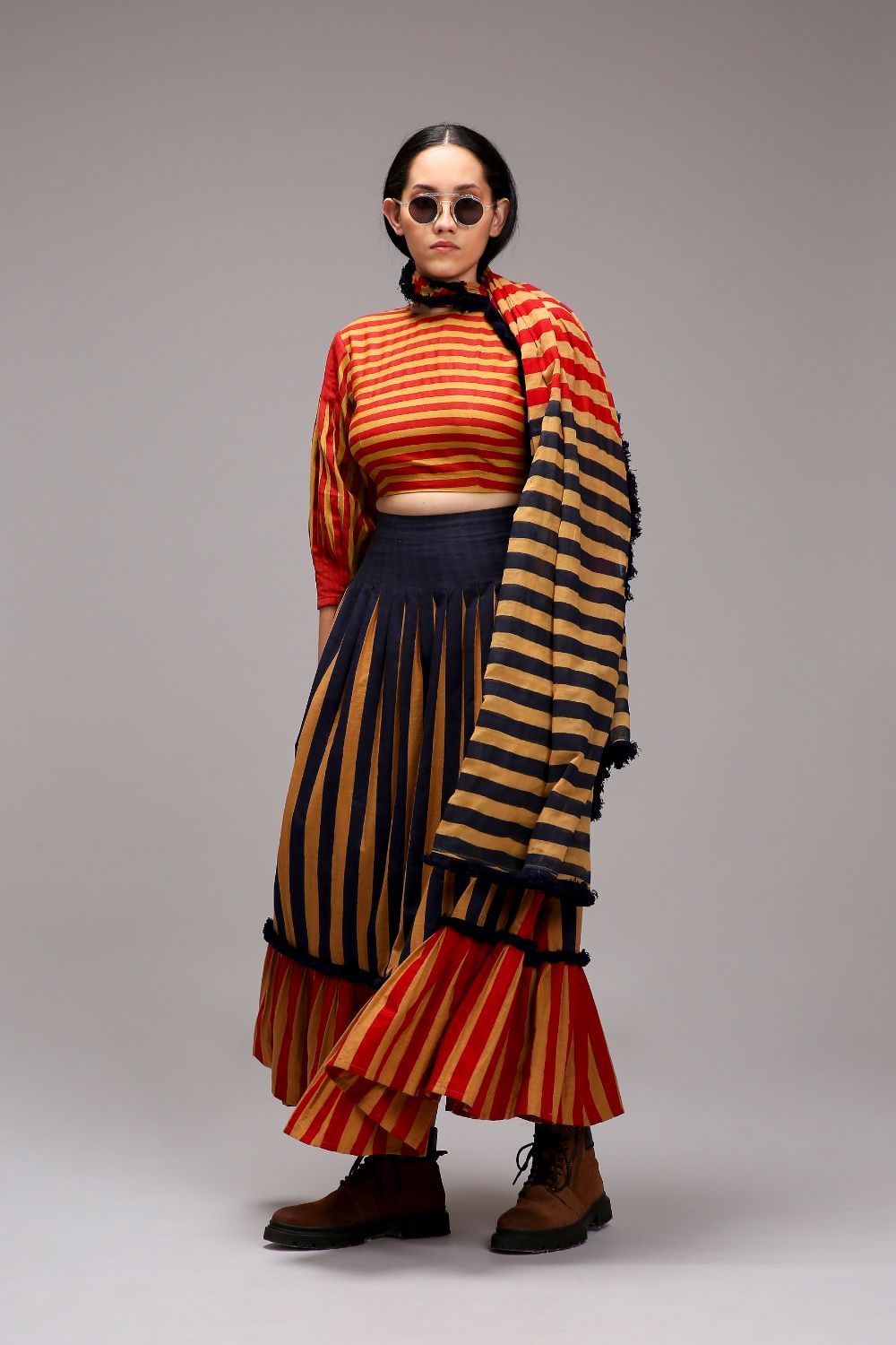 Tan-Brown Crop Top Dual Striped Stole Skirt Set (3 PCS)