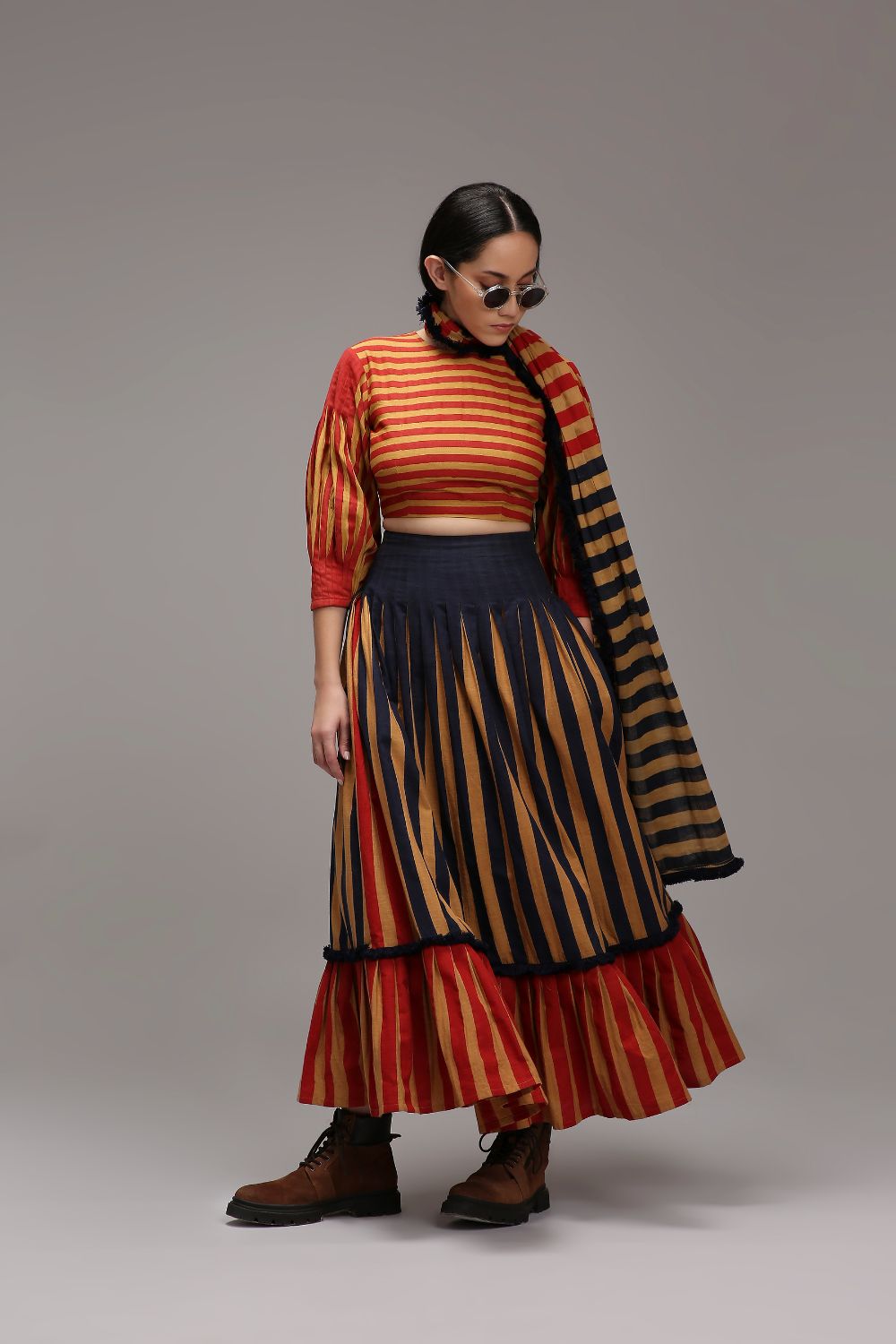 Tan-Brown Crop Top Dual Striped Stole Skirt Set (3 PCS)