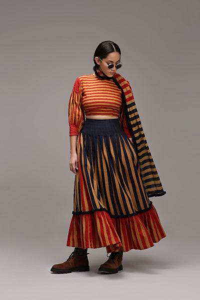 Tan-Brown Crop Top Dual Striped Stole Skirt Set (3 PCS)