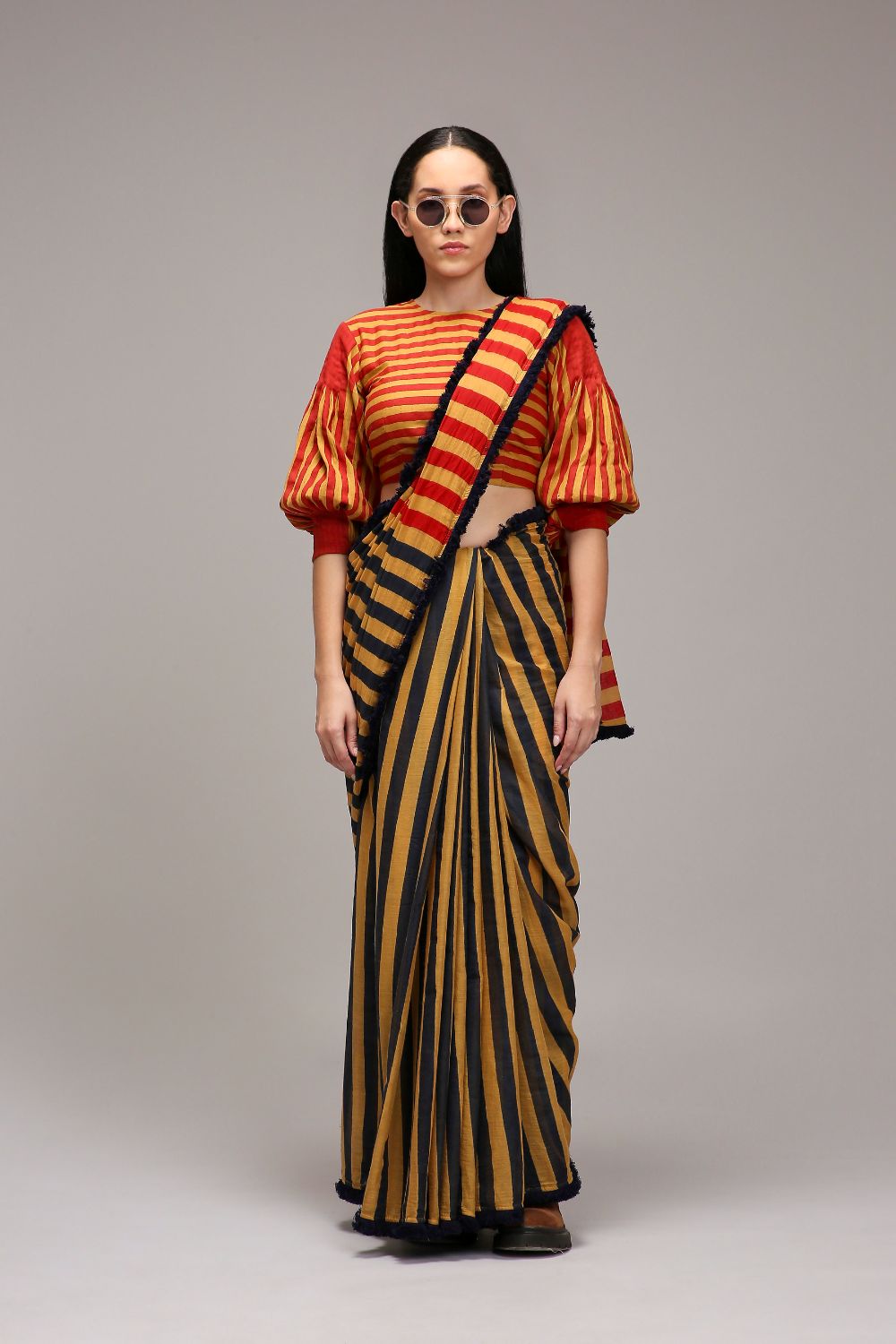 Tan-Brown Crop Top & Dual Striped Saree Set (2 PCS)