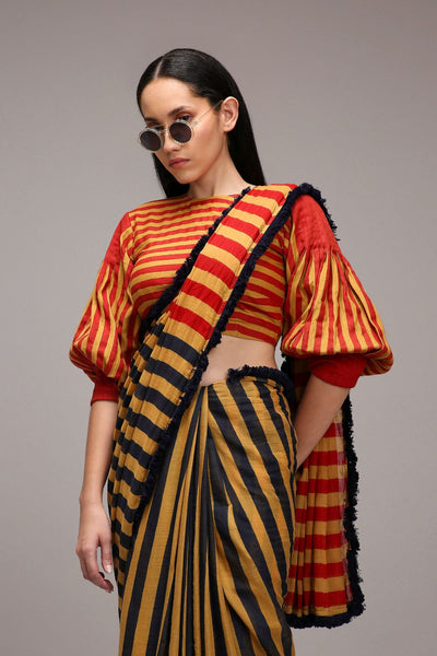 Tan-Brown Crop Top & Dual Striped Saree Set (2 PCS)