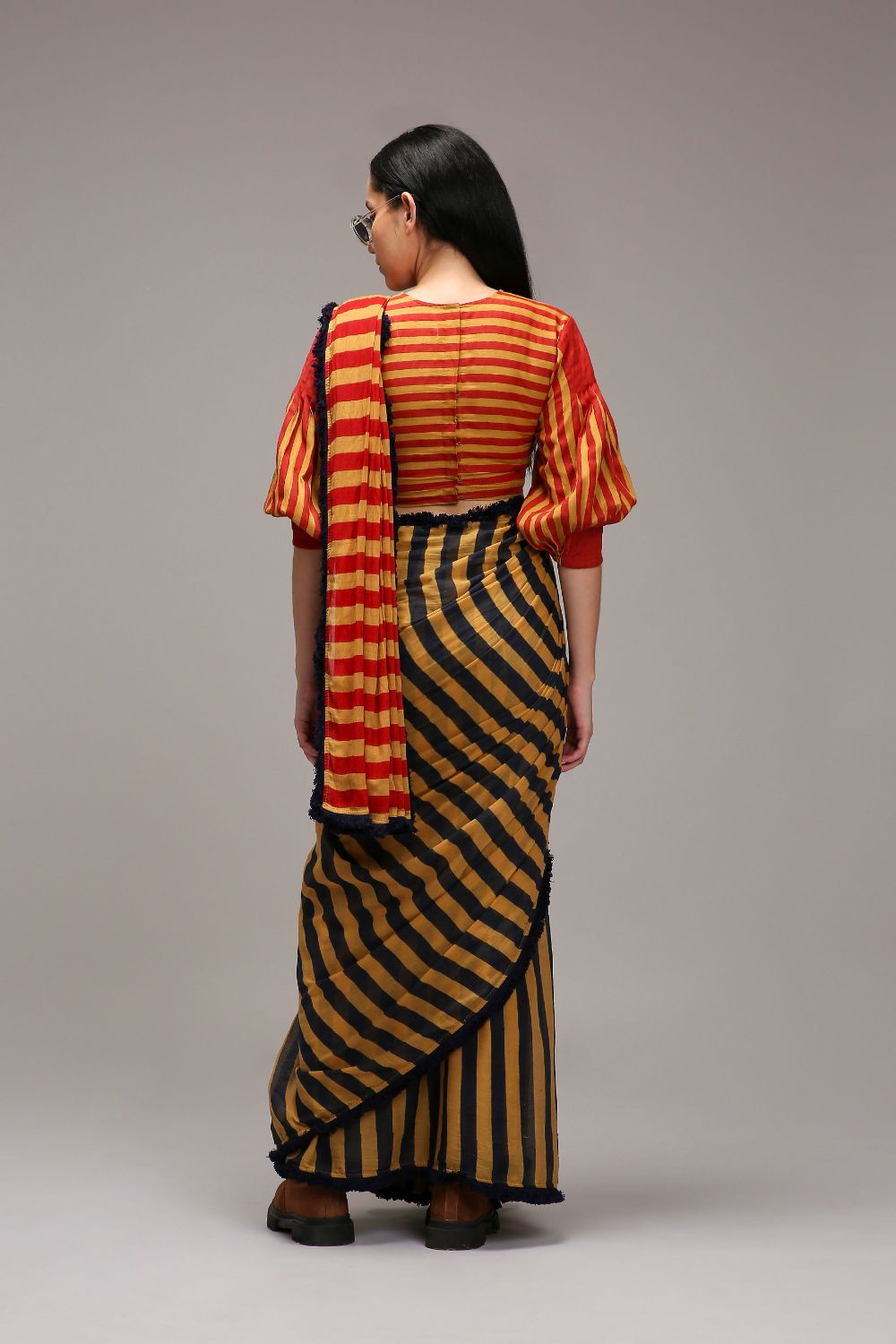 Tan-Brown Crop Top & Dual Striped Saree Set (2 PCS)