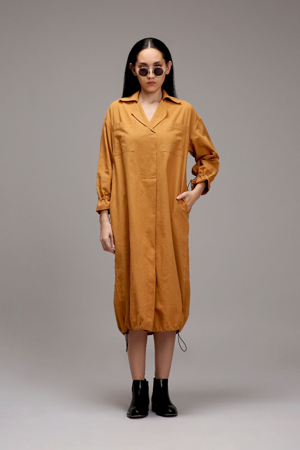Tan-Brown Elasticated Shirt Dress