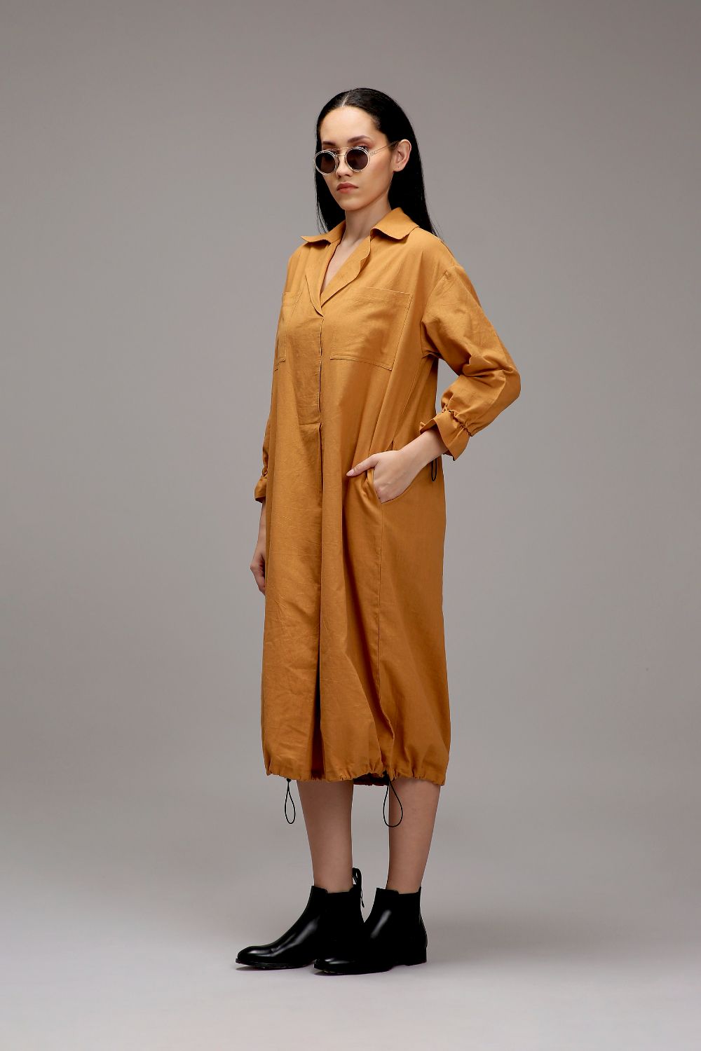 Tan-Brown Elasticated Shirt Dress