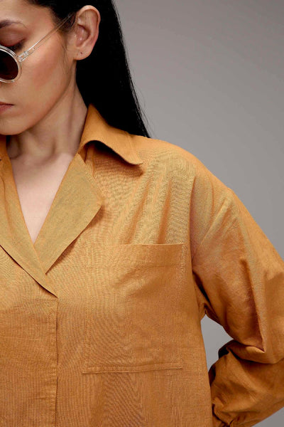 Tan-Brown Elasticated Shirt Dress
