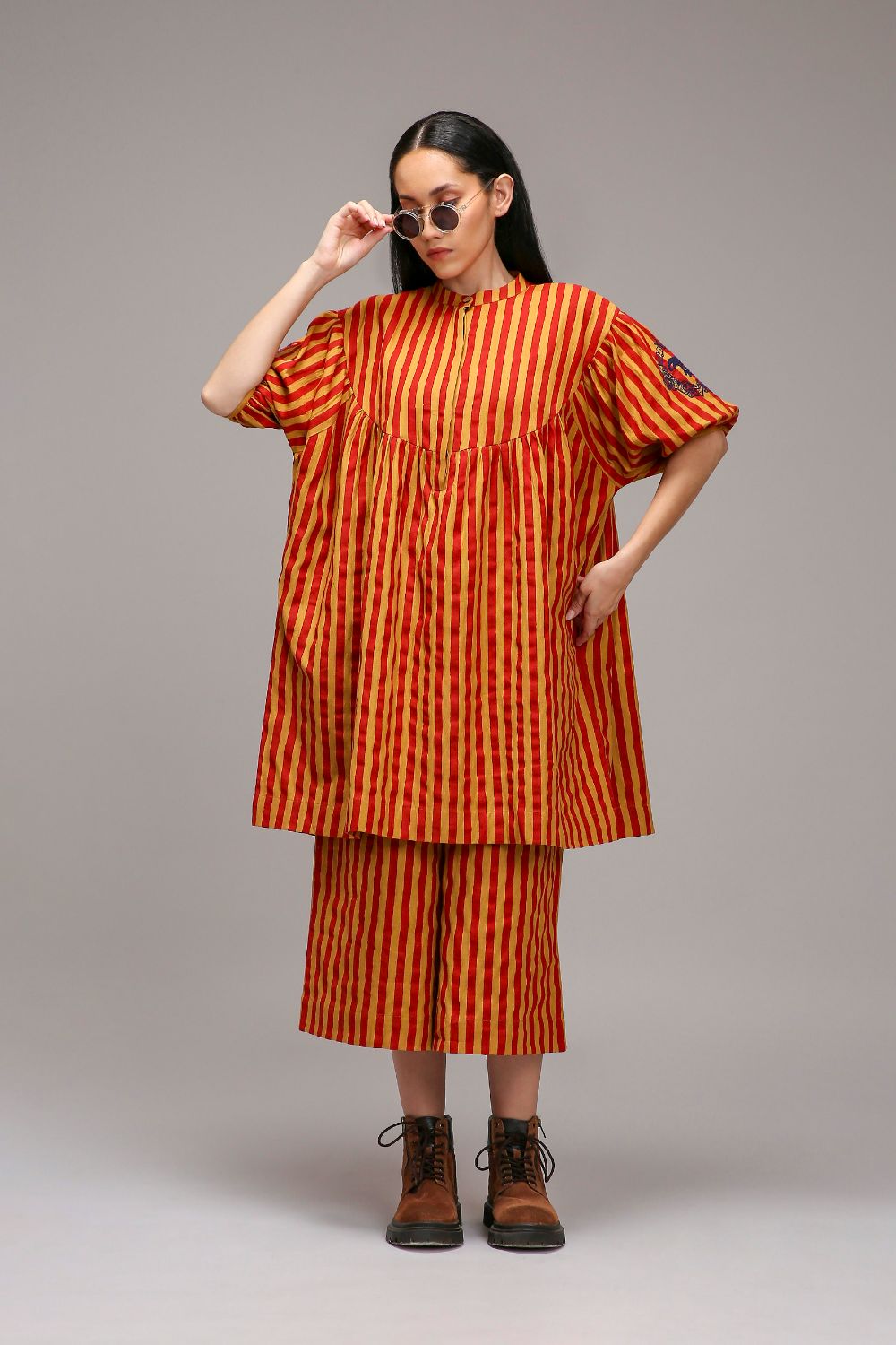 Tan-Brown Red Striped Short Acra Tunic Set (2 PCS)