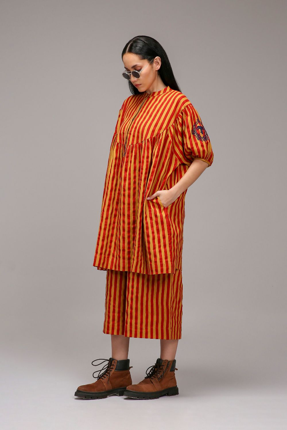 Tan-Brown Red Striped Short Acra Tunic Set (2 PCS)