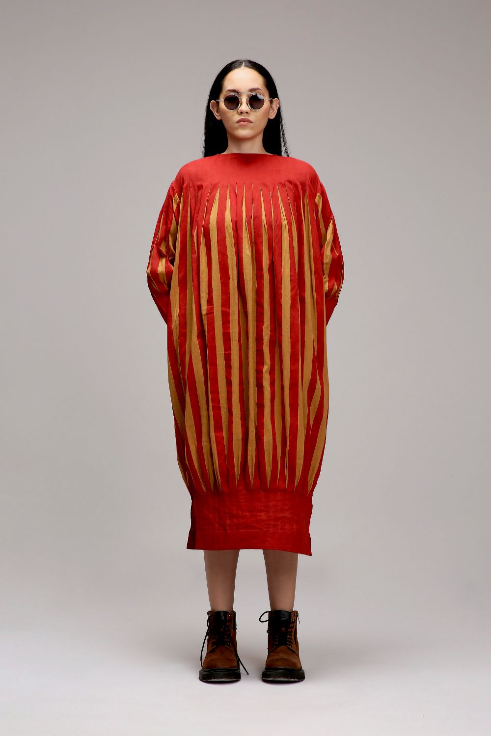 Tan-Brown Red Striped Balloon Dress