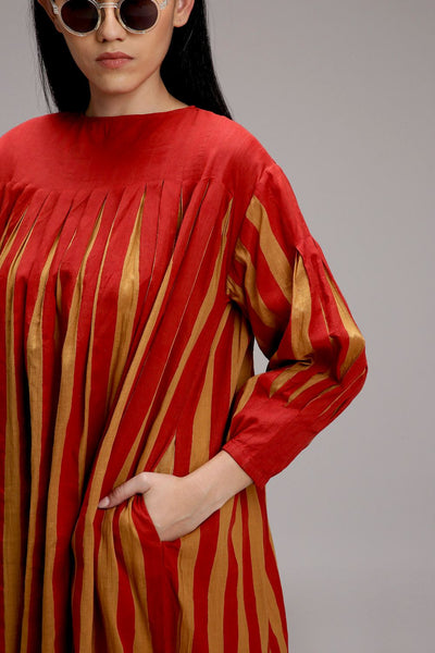 Tan-Brown Red Striped Balloon Dress