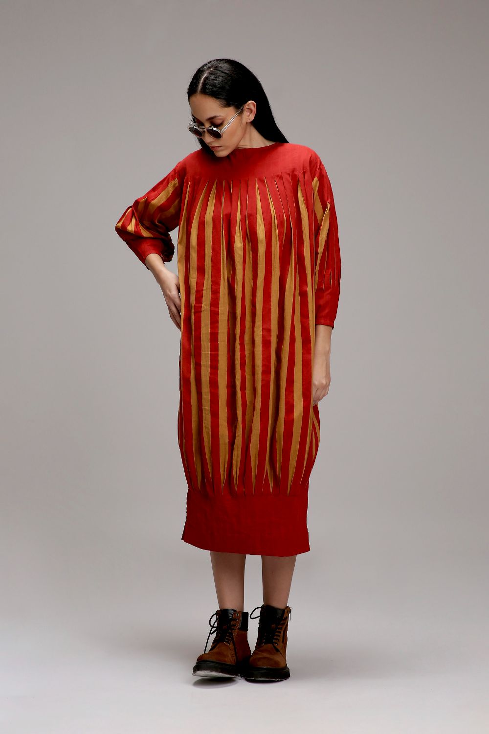 Tan-Brown Red Striped Balloon Dress