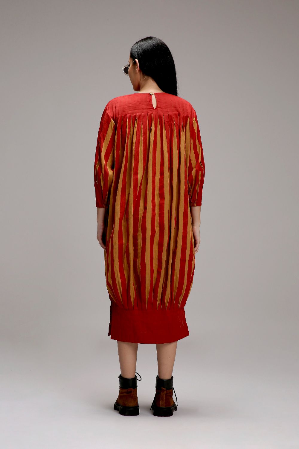 Tan-Brown Red Striped Balloon Dress
