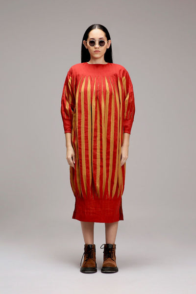 Tan-Brown Red Striped Balloon Dress