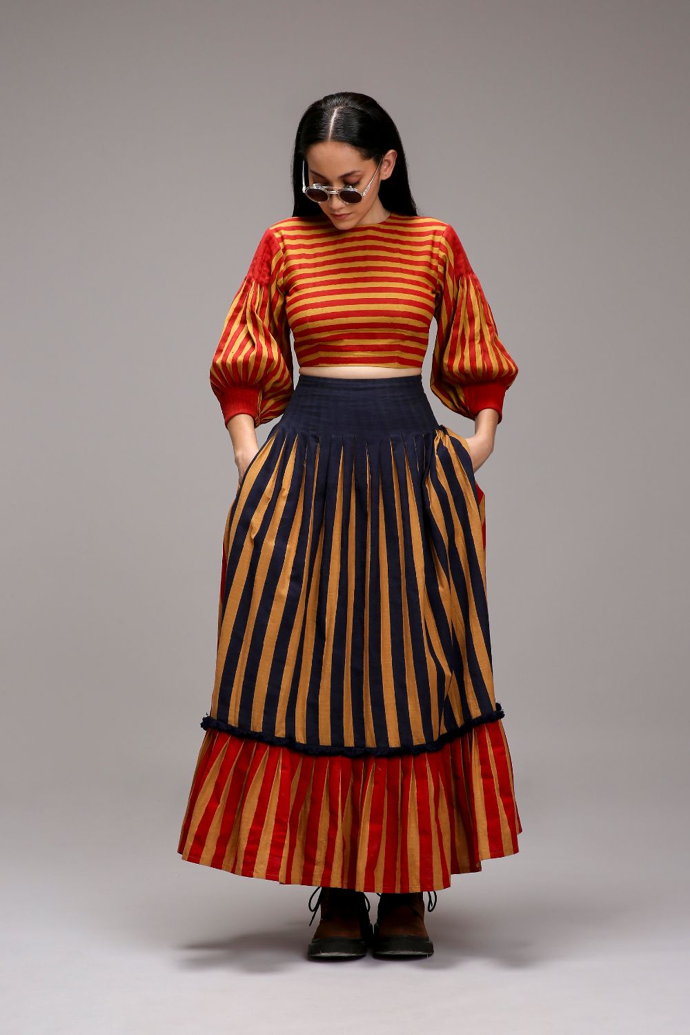 Tan-Brown Red Striped Crop Top