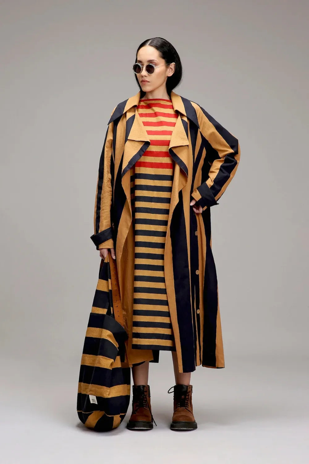 Tan-Brown Red & Blue Dual Stripe Dress Jacket Set (2 PCS)