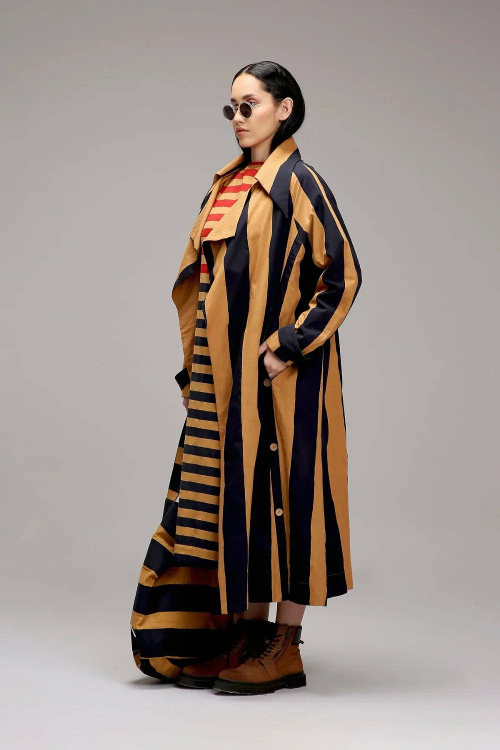 Tan-Brown Red & Blue Dual Stripe Dress Jacket Set (2 PCS)