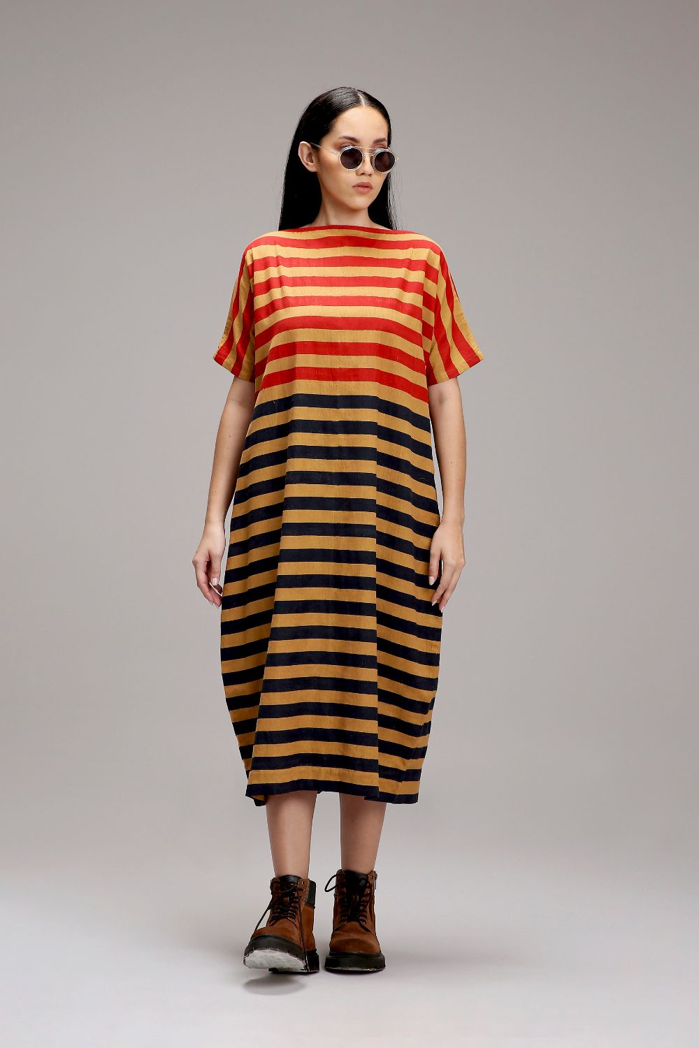 Tan-Brown Red & Blue Dual Striped Dress