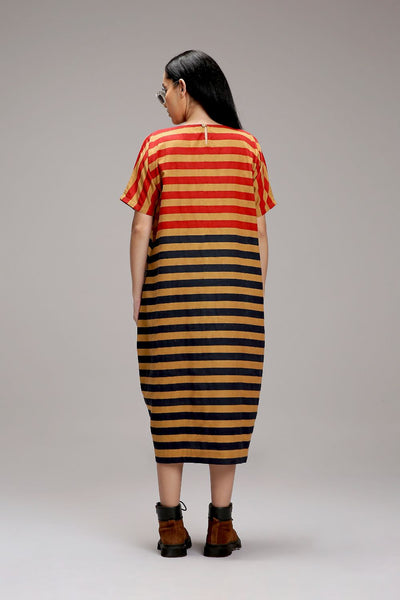Tan-Brown Red & Blue Dual Striped Dress