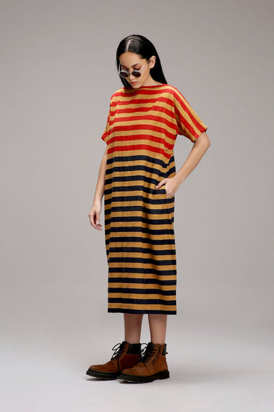 Tan-Brown Red & Blue Dual Striped Dress