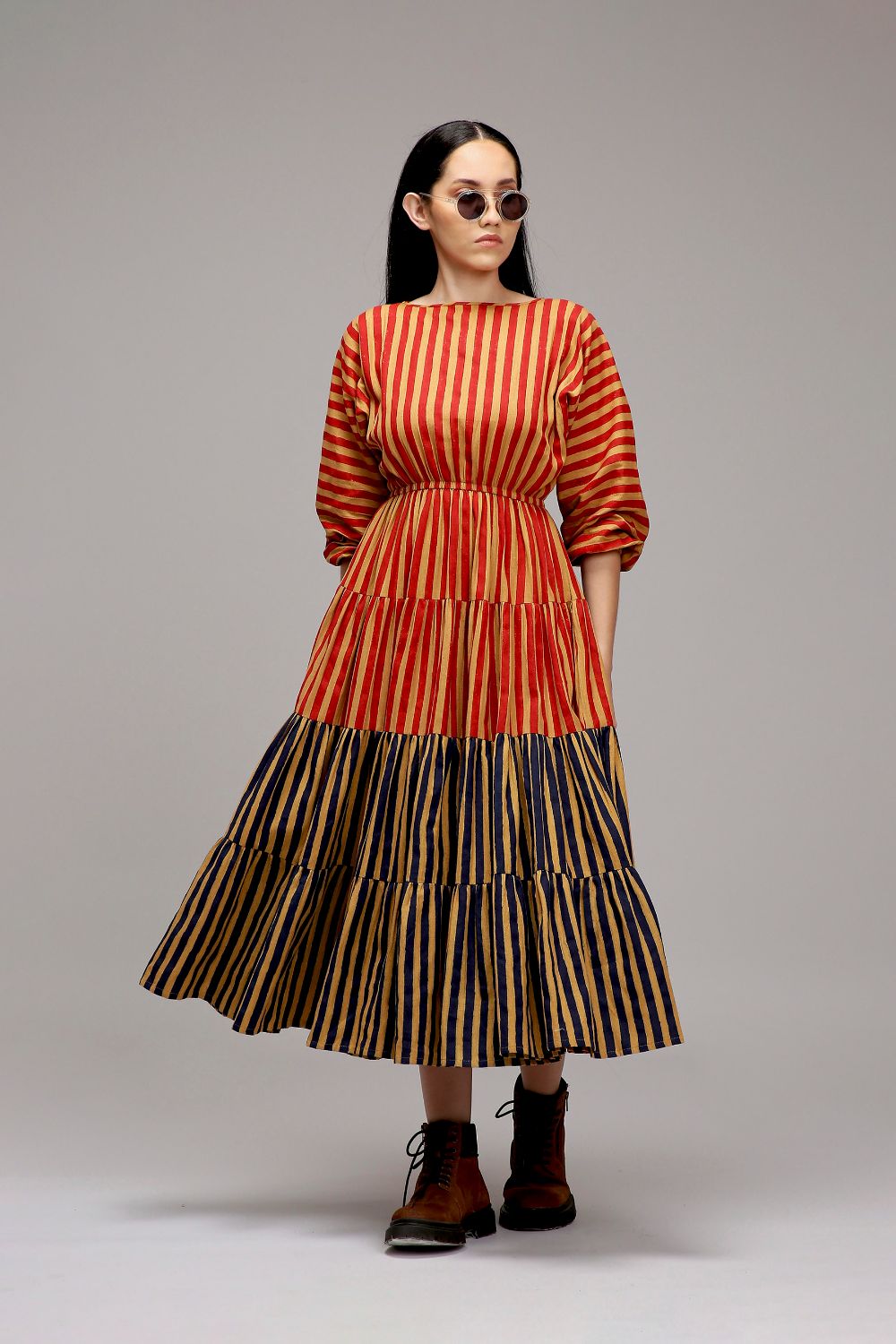 Tan-Brown Red & Blue Striped Tiered Dress
