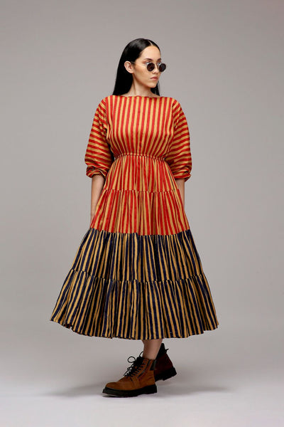 Tan-Brown Red & Blue Striped Tiered Dress