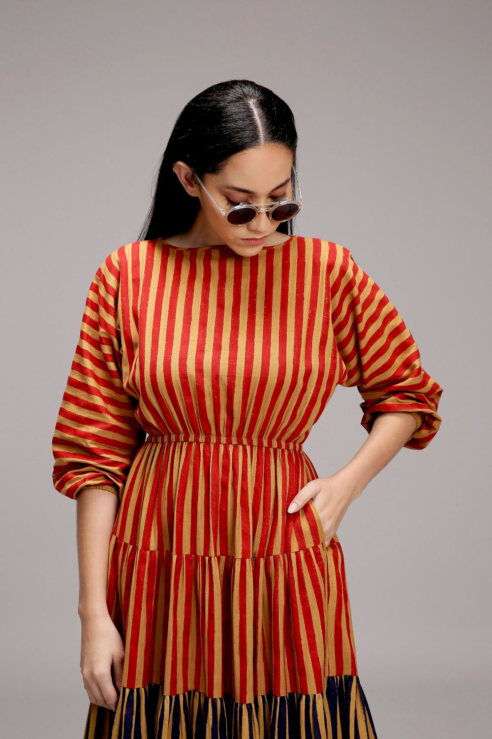 Tan-Brown Red & Blue Striped Tiered Dress