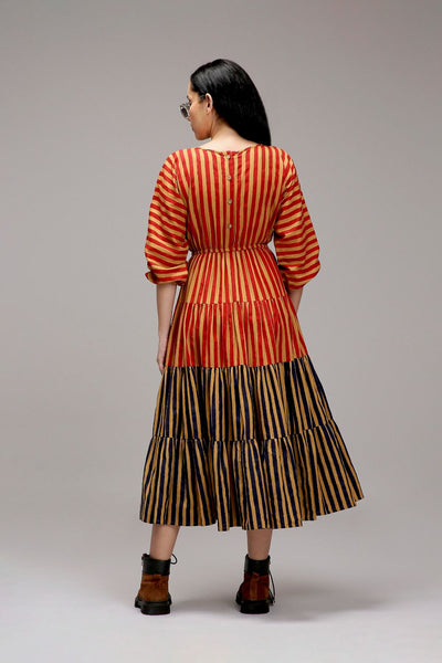 Tan-Brown Red & Blue Striped Tiered Dress