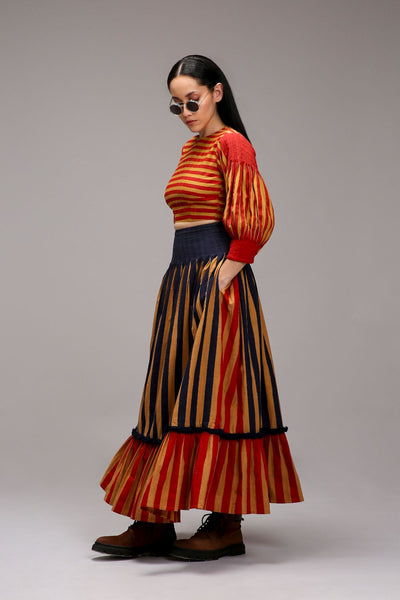 Tan-Brown Striped Crop Top & Skirt Set (2 PCS)