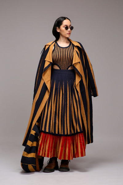 Tan-Brown Trench Bodysuit Dual Striped Skirt Set (3 PCS)