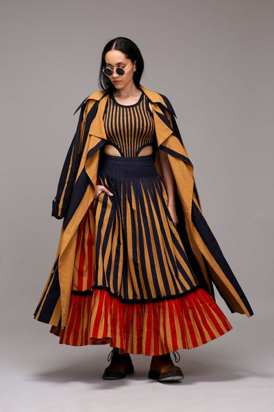 Tan-Brown Trench Bodysuit Dual Striped Skirt Set (3 PCS)