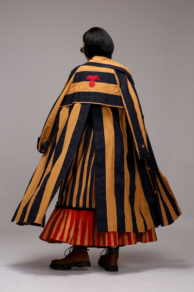 Tan-Brown Trench Bodysuit Dual Striped Skirt Set (3 PCS)