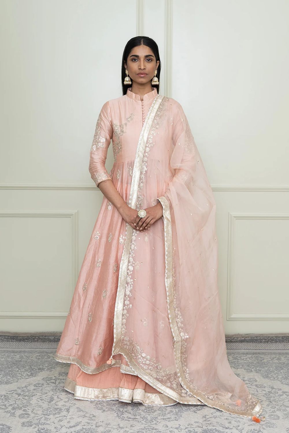 Taveshi Anarkali with skirt and dupatta-Pearl Pink