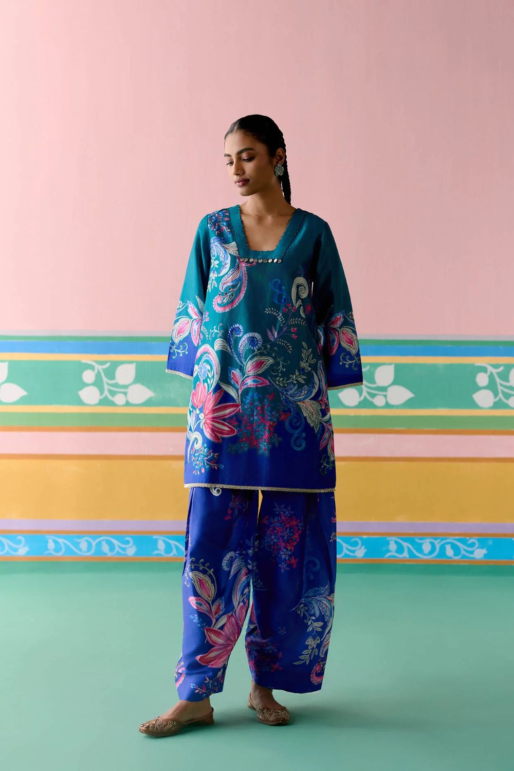 Teal Paisley Square Neck Kurta Set