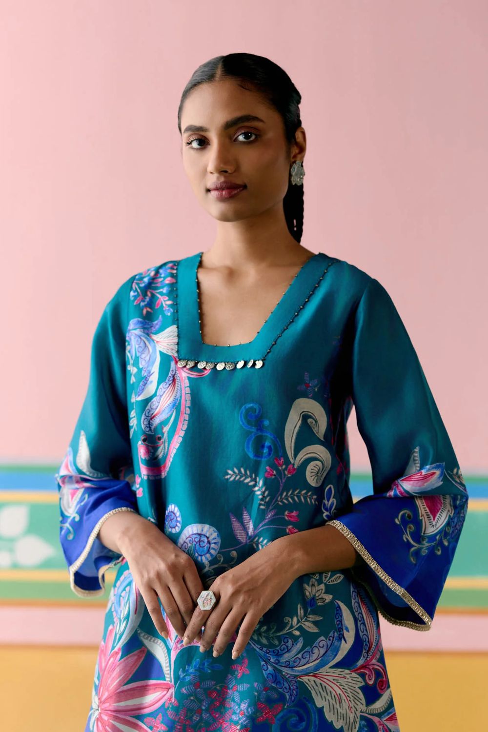 Teal Paisley Square Neck Kurta Set